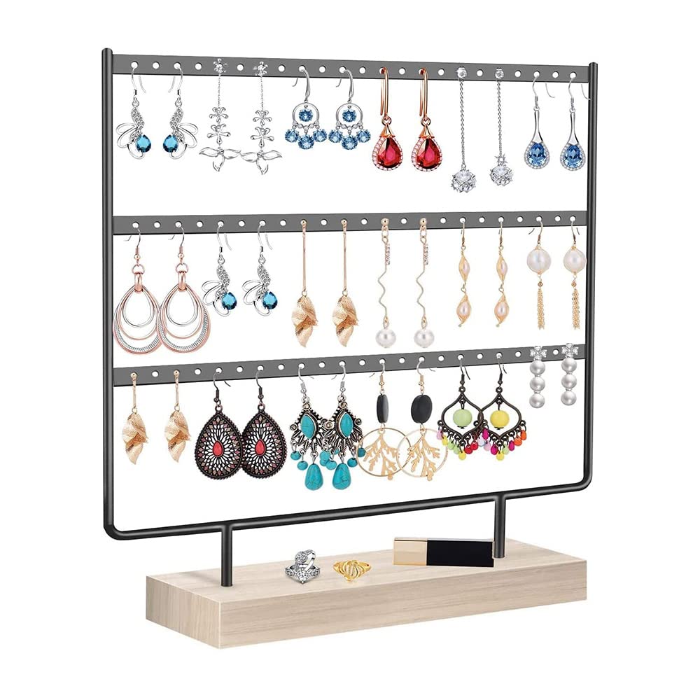 QDDC 3-Tier Earring Holder Rack Hanging Earrings, Earring Storage Rack, Earring Display Stand, Detachable Earring Holder with Wooden Base, for Earrings (Black)