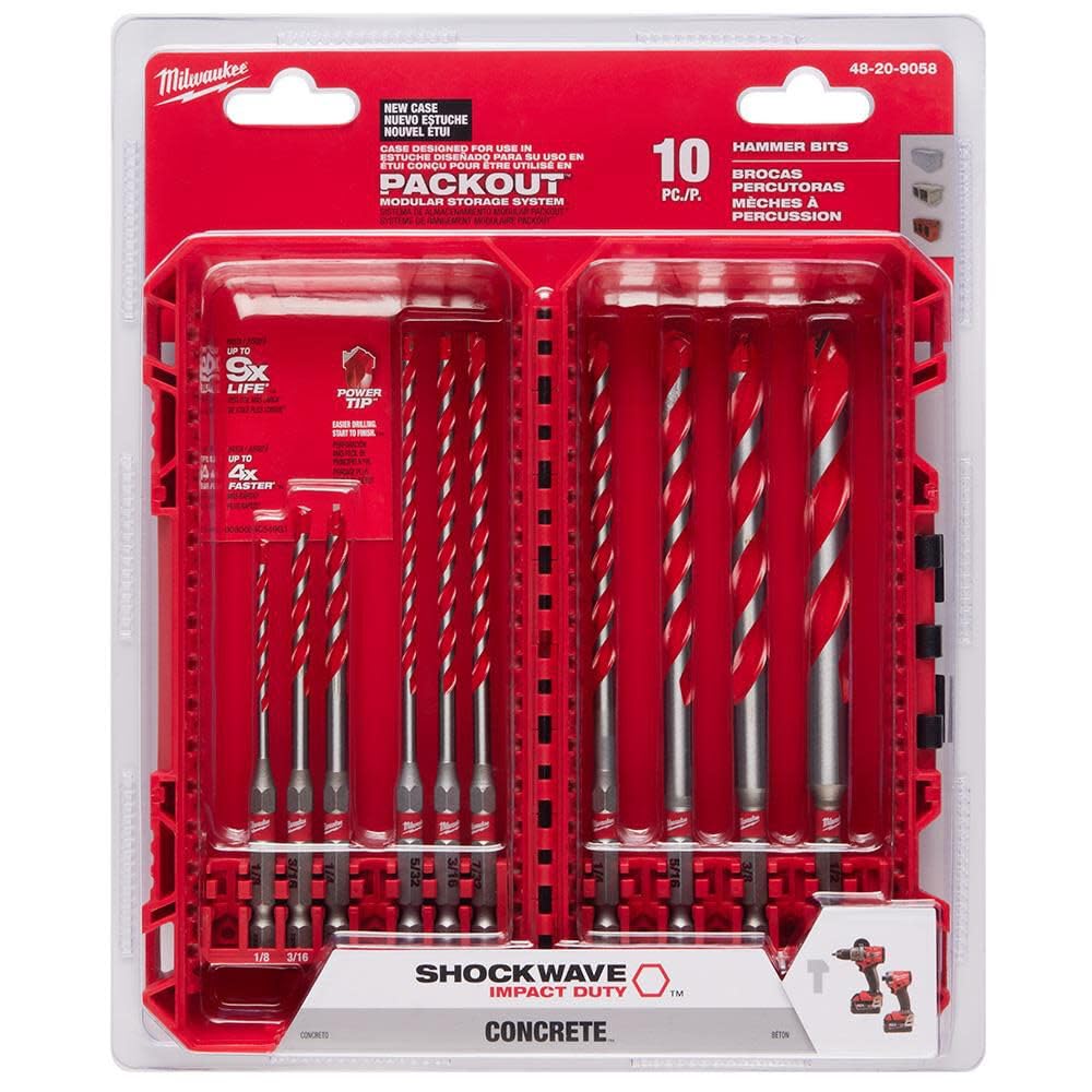Milwaukee Shockwave - Set di 10 Punte per Trapano a percussione in carburo, Gambo Esagonale da ¼, Foratura 4 Volte più Veloce, Bordi di Taglio dinamici, avviamenti più veloci, Meno Camminate, Lunga