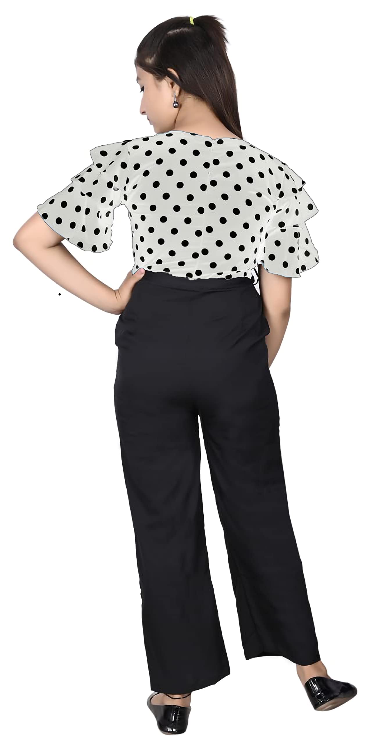 Girls Flared Sleeves Printed JumpSuit-66 (14-15 years, White Black Dot-Black, 1) - Image 2 thumbnail