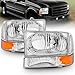 AmeriLite for 1999-2004 Ford Super Duty F250 F350 F450 F550 | Excursion Chrome Factory Style Replacement Headlights w/Corner Bumper Corner Set - Passenger and Driver Side