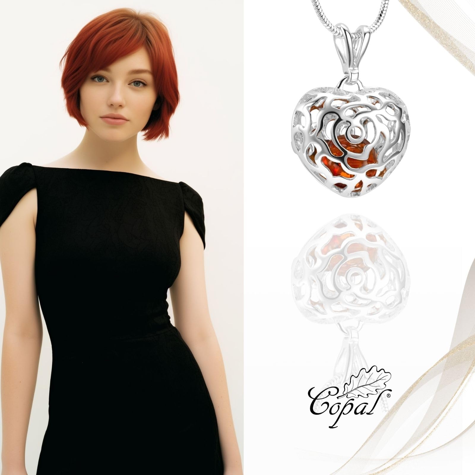 Collar Corazón Con Ámbar Auténtico Y Diseño Floral De Plata 925