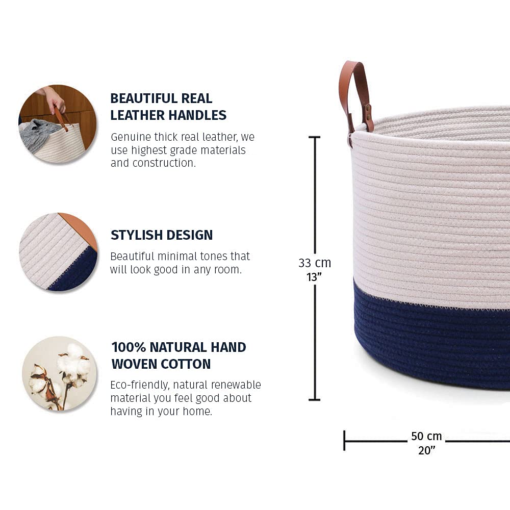 OrganiHaus Laundry Basket With Leather Handles, Extra Large Woven Cotton Rope Bin for Clothes Pillows & Towels - Image 2