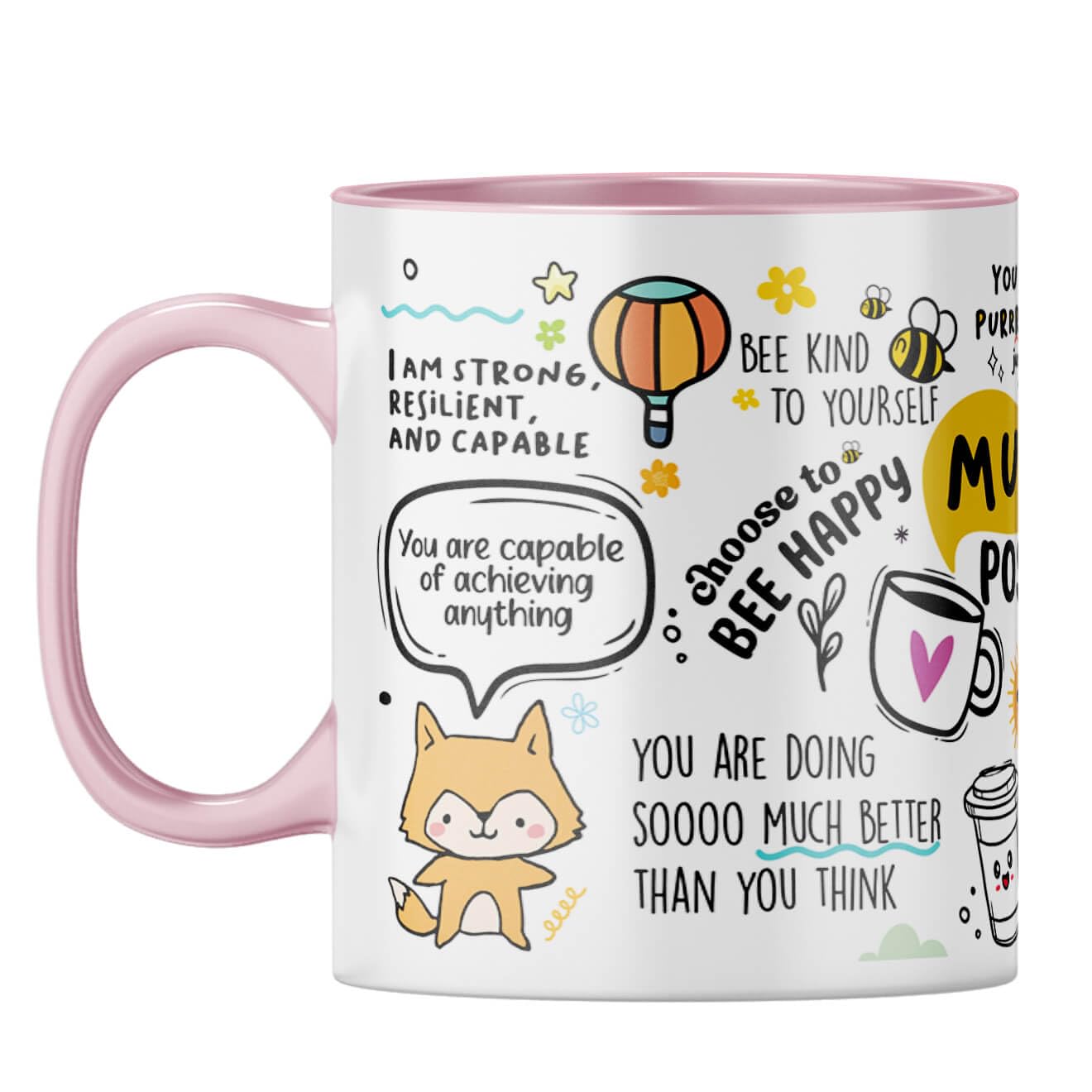 YuBingo Positivi-Tea Vibes Mug - Cheerful Encouragement, Happy Gift, Pink Inner & Handle (Pink Inner & Handle, Tea Cup, 310ML)