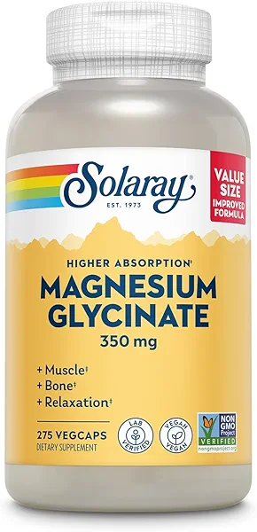 SOLARAY Magnesium Glycinate Capsules, Chelated Magnesium Bisglycinate w/BioPerine, Higher Absorption Magnesium Supplement - Bones, Muscles, Heart Support, Vegan, 68 Servings, 275 VegCaps