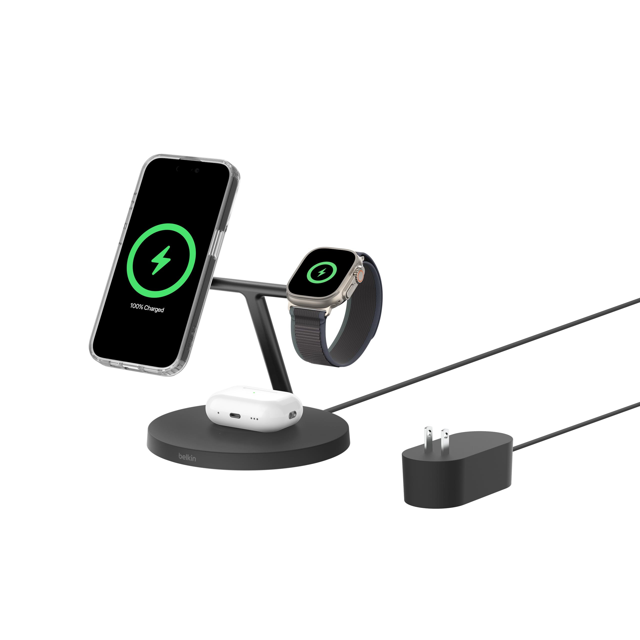 MagSafe-Compatible Charger, 3-in-1 Wireless Charging Station, Qi2-Certified 15W Wireless Charge for Apple iPhone 17 Series, Apple Watch, AirPods w/Non-Slip Base, 40W Included - Black