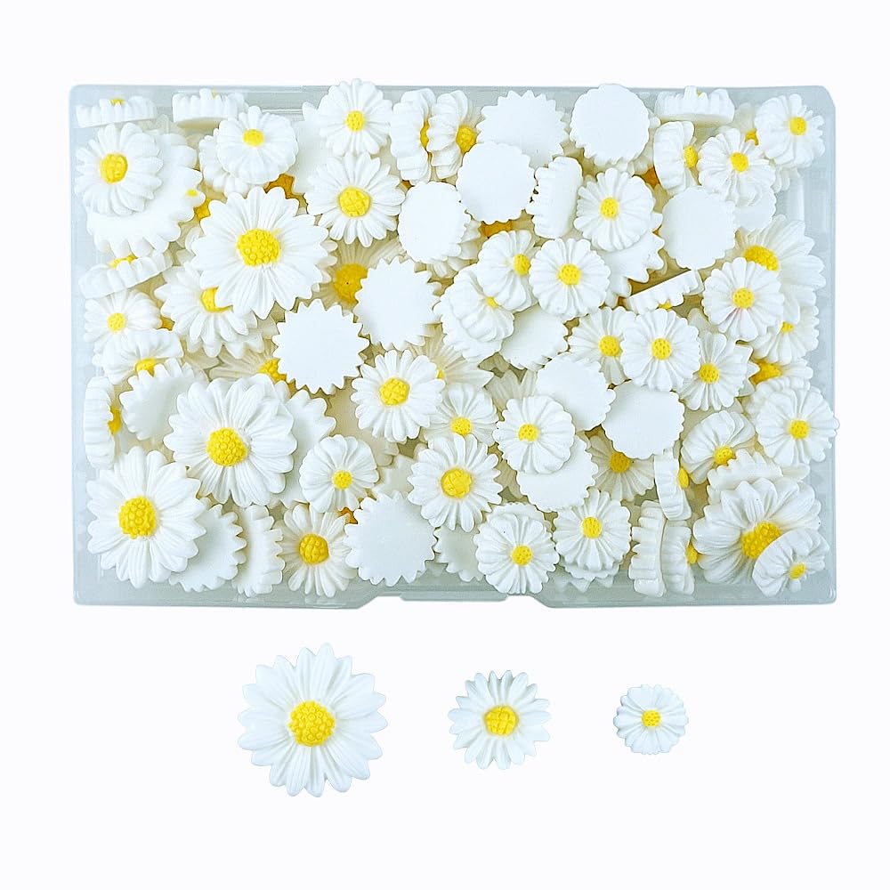FAZHBARY 110 PCS Daisy Resin Flowers Small Resin Flatback with No Holes Charms Bulk Embellishments for Crafts Scrapbooking Accessorie