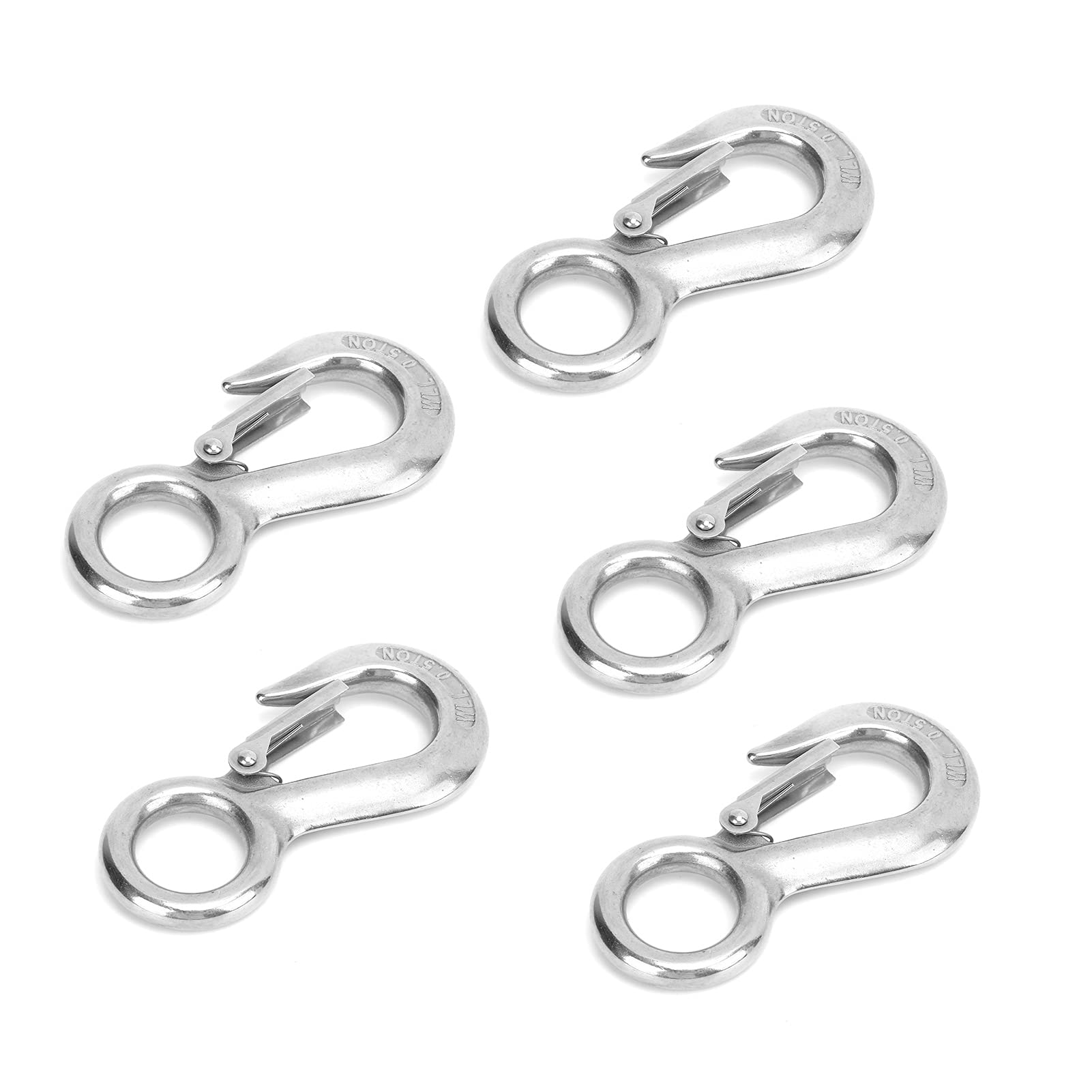 5Pcs Stainless Steel Big Eye Snap Latched Hoist Crane Hooks, Shedding Lifting Hooks for Freight, Engineering Cranes, and More, Proof and Durably