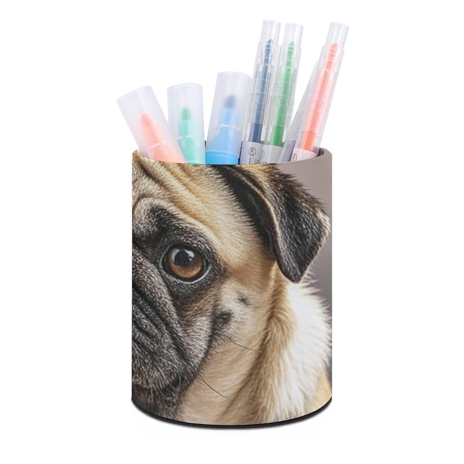 FekiLoot PU Leather Round Pen Holder Pug Pizza Pencil Holder Desk Organizer Pen Organizer Pen Cup Pencil Cup Caddy Desktop Stationery Organizers for Office Home Supplies