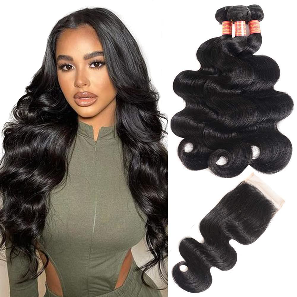 Hoyrhra Hair 100% Unprocessed Human Hair Bundles with 4X4 Lace Closure 10A Brazilian Virgin Hair Body Wave 3 Bundles With Closure (14 16 18 +12 Free Part ,Natural Black Color)
