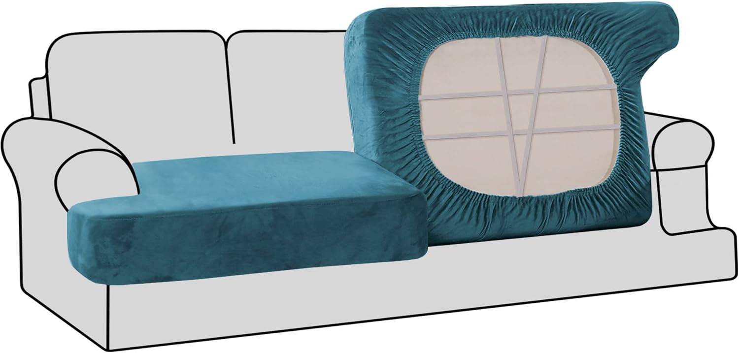 H.VERSAILTEX Stretch Velvet 2 Piece T Cushion Sofa Slipcovers Individually Sofa Cushion Covers for 2 Cushion Couch Seat Cushion Cover for Sofa Seat Cushion Cover Stay in Place (Sofa,Peacock Blue) 2 Cushion Sofa Peacock Blue