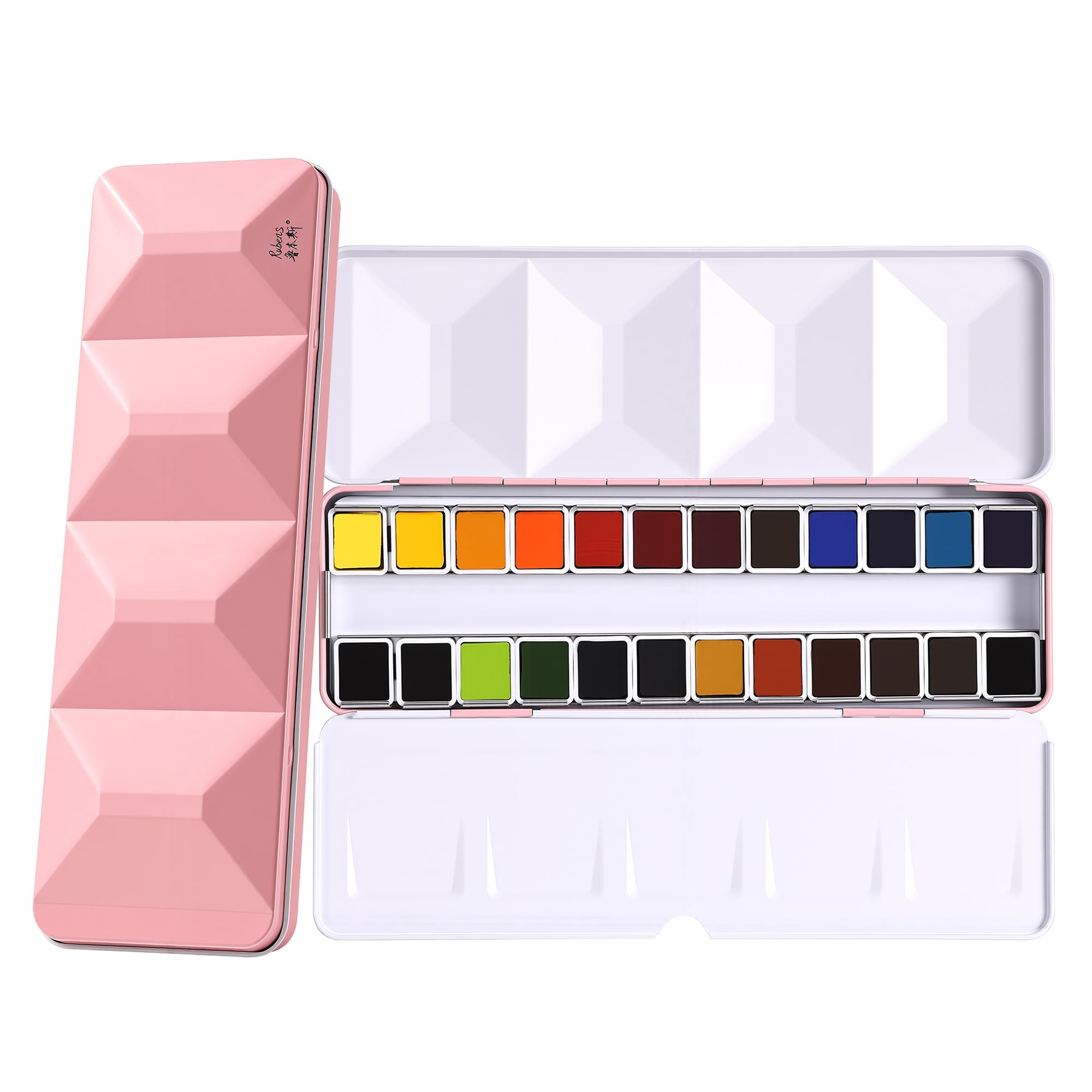rubens Set di pittura ad acquerello professionale, 24 colori, mezze padelle ad alto pigmento, in elegante custodia in metallo rosa con motivo a rombi con anello, regalo artistico estetico per