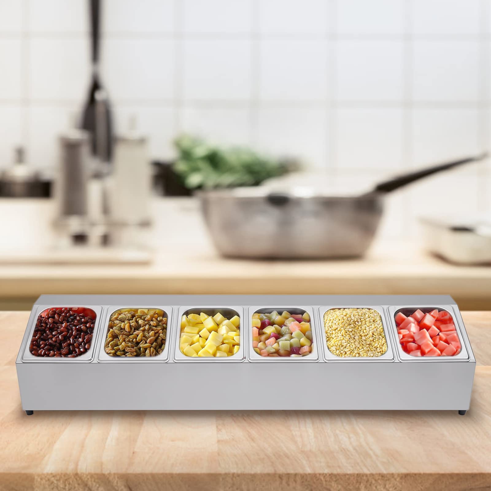 Contenitore per ingredienti in acciaio inox, contenitore con 6 contenitori, capacità per contenitore: 2 l, piedini in gomma antiscivolo, coperchio per ristoranti, negozi di tè al latte