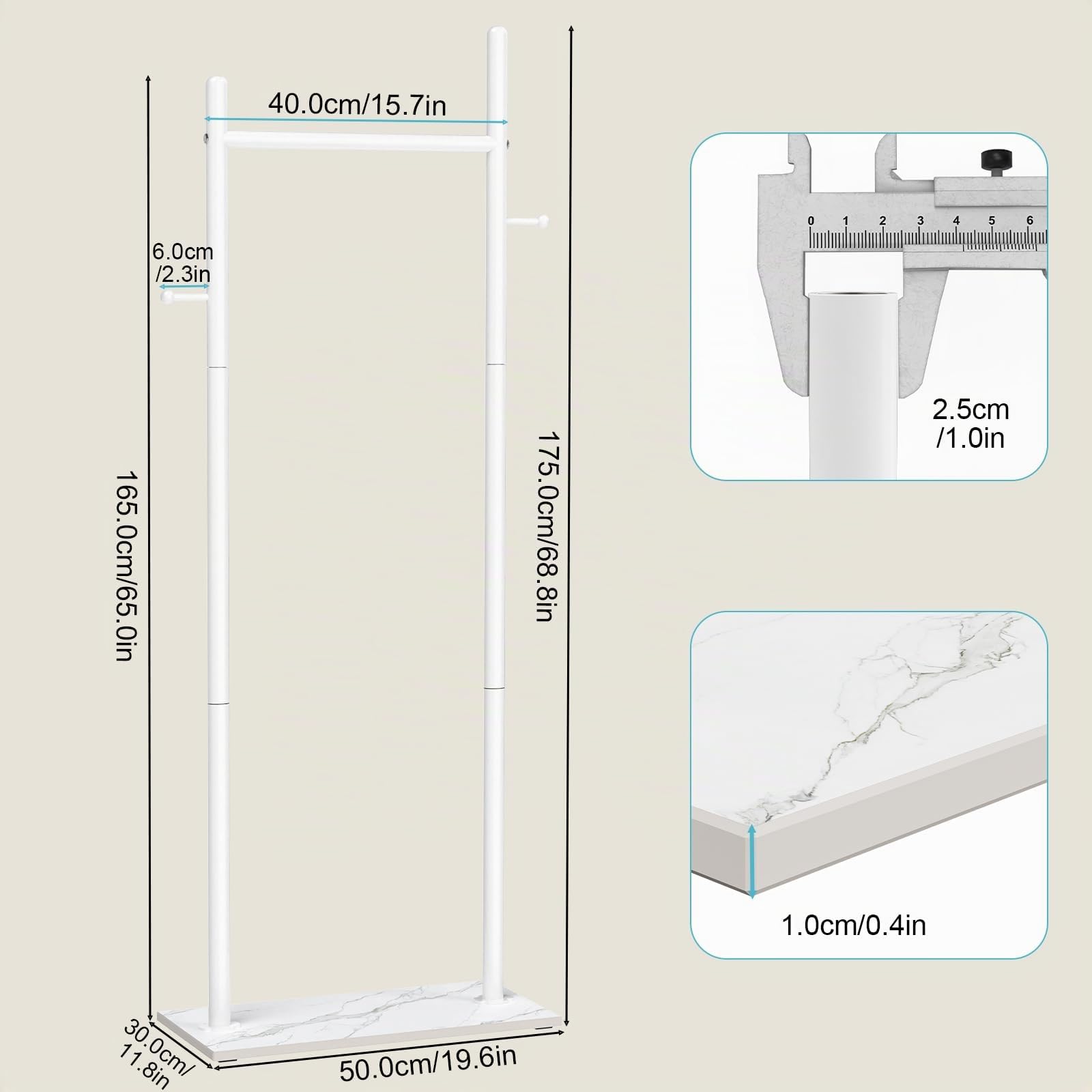 OUTBORS Metall Perchero de Pie, Burro para 50x30x175 cm, Blanco | Gran Perchas Independientes Moderno con Placa Inferior de Roca Gruesa y 2 Ganchos, Bastidor resistente