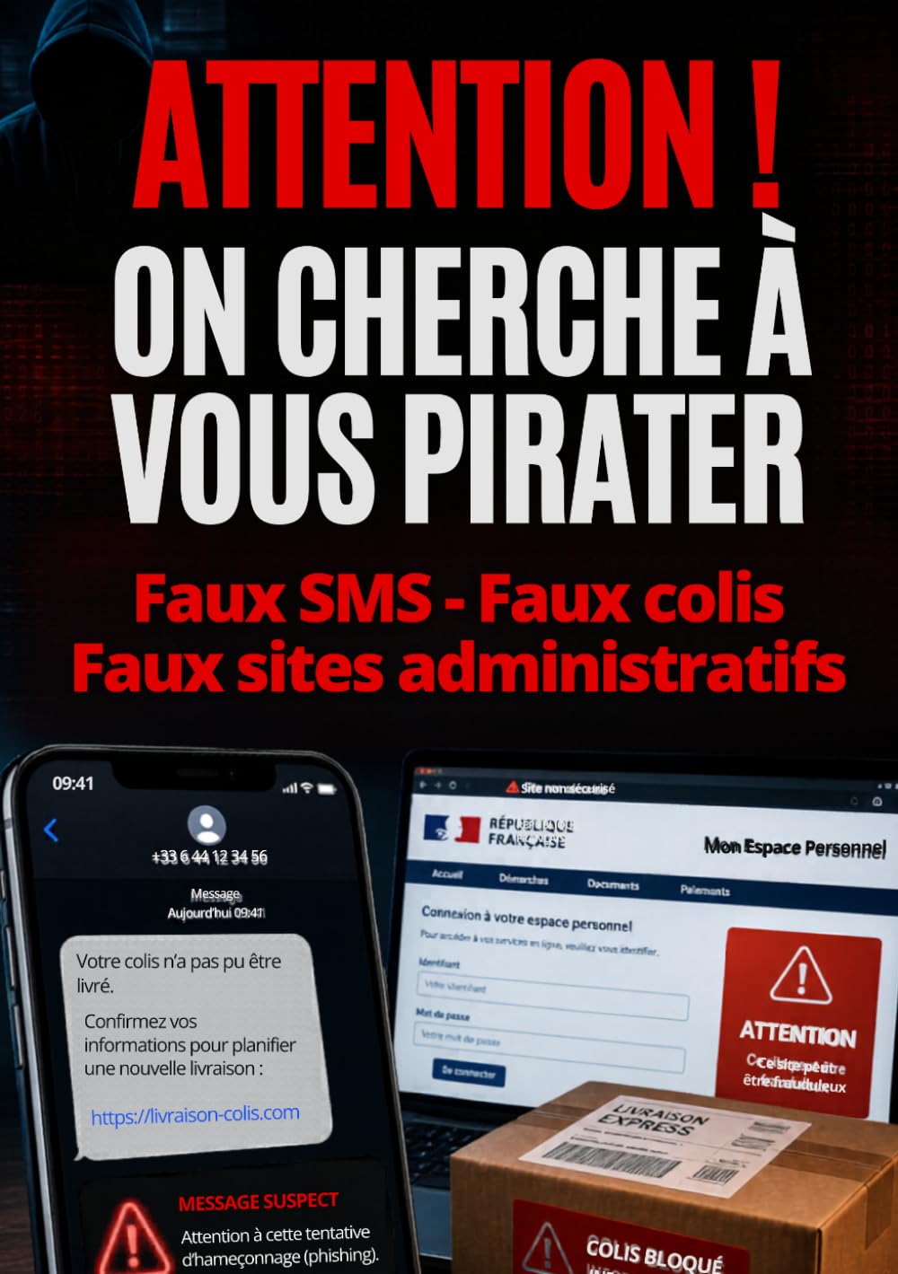ATTENTION ! ON CHERCHE À VOUS PIRATER.: Faux SMS, faux colis, faux sites administratifs, arnaques bancaires, arnaques téléphoniques, faux ... à domicile. (Se protéger du piratage)