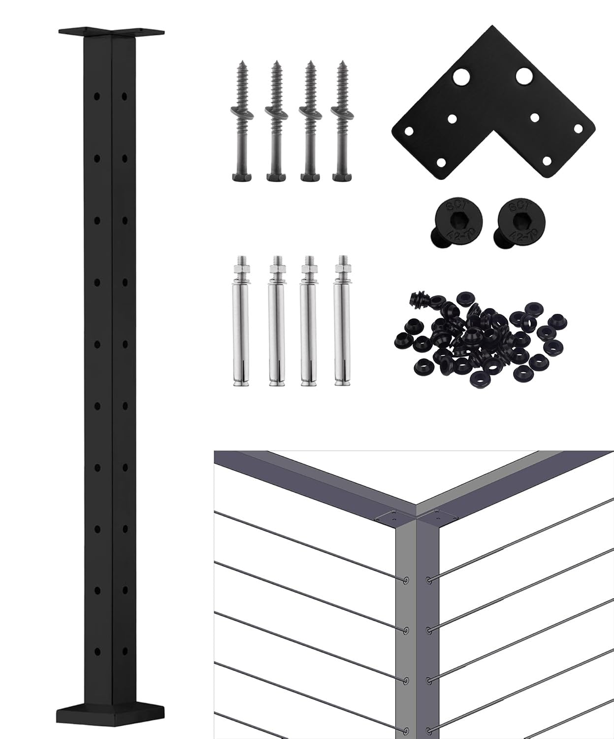 Cable Railing Post - Stainless Steel Square Fence Post for Deck Cable Railing System, Flat top 36"x2"x2" Corner Post 3 Sides Pre-Drilled, Matte Black