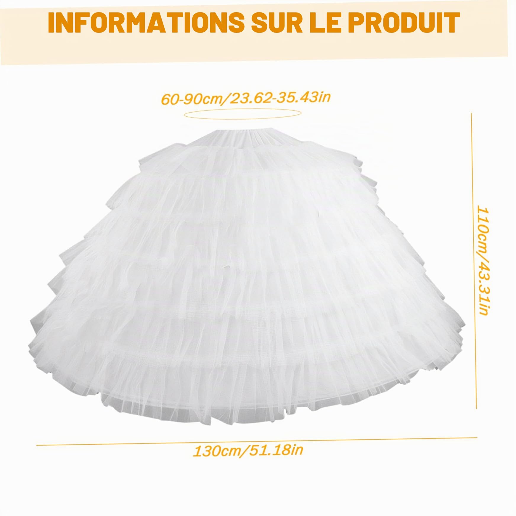 Jupon Jupe 6 Cerceaux Jupon Tulle 43 Pouces de Long Jupons pour Femmes sous Robe Jupe de mariée réglable pour Robe Bal Mariage Cérémonie Bal Promo Tulle