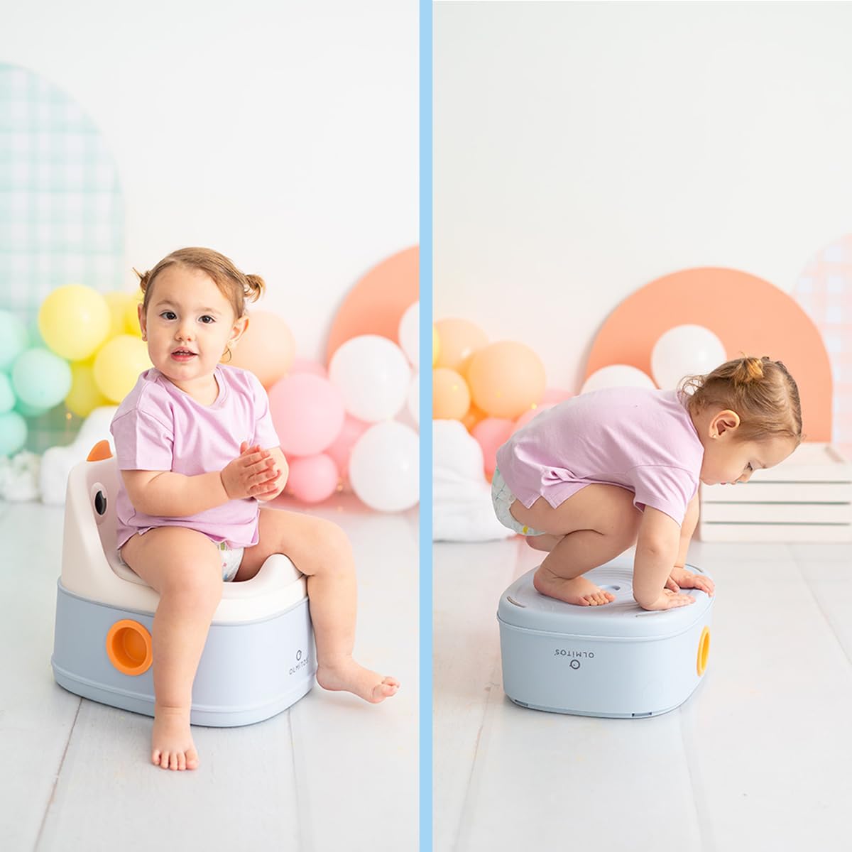 Olmitos - Orinal 3 en 1 infantil DINO de aprendizaje – 3 funciones Orinal, Reductor WC y Taburete - Vaso Extraíble, Antideslizante, Protección Contra Salpicaduras y Diseño Divertido – Versátil (Azul)