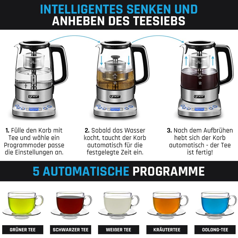 Yoer Elektrischer Wasserkocher, 2200W, Teesieb, 1,7 L, Automatisch
