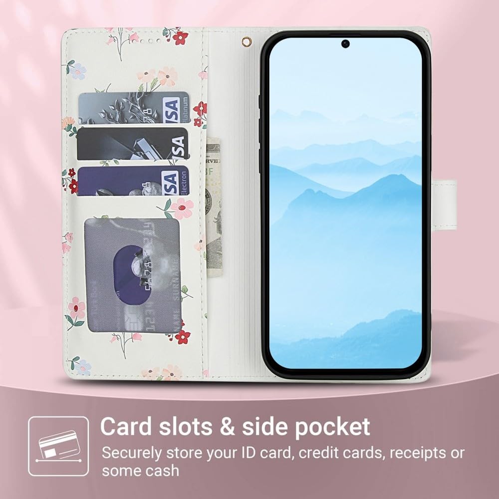Generic Étui portefeuille en cuir compatible avec Samsung Galaxy A07 (Design : A5) Motif floral et grille magnétique