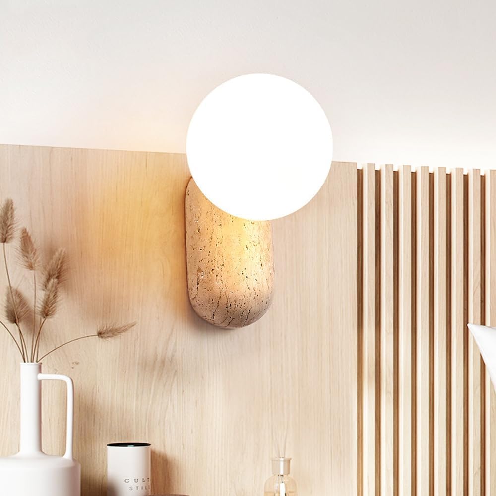 Renter Friendly Mid Century Modern Marble Wall Sconce With White Milk Glass Bulb Industrial Farmhouse Hallway Wall Light Fixtures Vintage Natural Stone Bedside Wall Mounted Lamp For Bedroom Living Roo