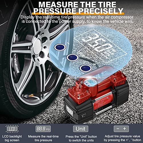 Gspscn PP6085XRED Portable Digital Car Tire Inflator With Gauge 150Psi Auto Shut-Off, Heavy Duty Double Cylinders 12V Air Compressor Pump With Led Light For Auto,Truck,Car,Bicycles,Rv,Suv,Balls Etc. thumb #2