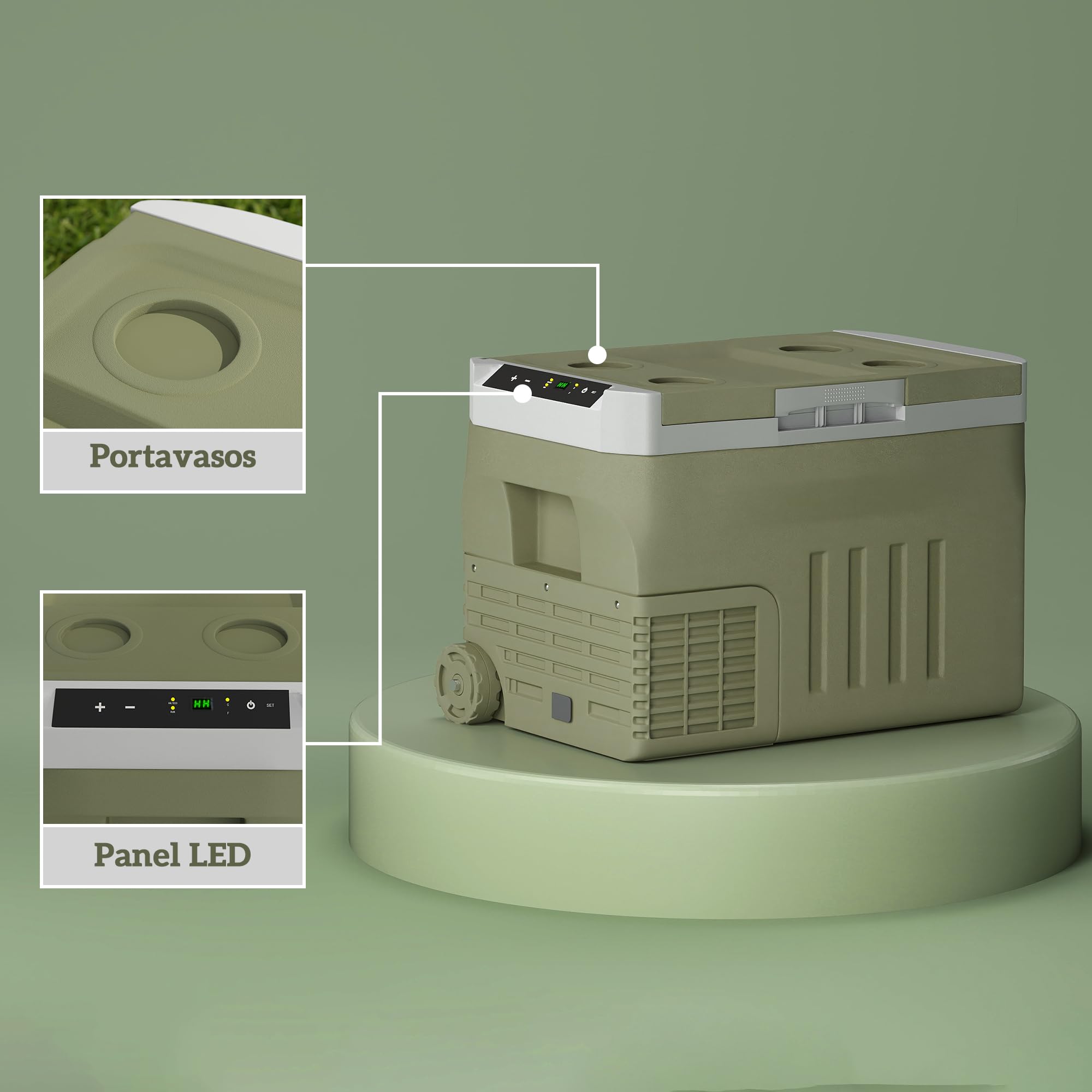 Outsunny Nevera Portátil Eléctrica 30L para Coche 61x39x41,5 cm Verde | -20℃ a +20 ℃, 12V/24V, Mini Frigorífico, Ruedas, Compresor, Pantalla LED Táctil, Hogar Camping Viajes Automóvil