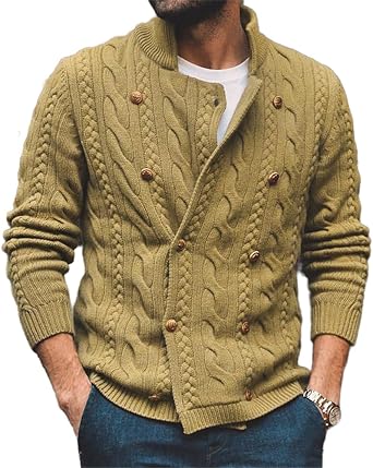 Mens Double Breasted Cardigan Sweaters Slim Fit Casual Stand Collar Cable Knit Button Down Sweaters Outwear