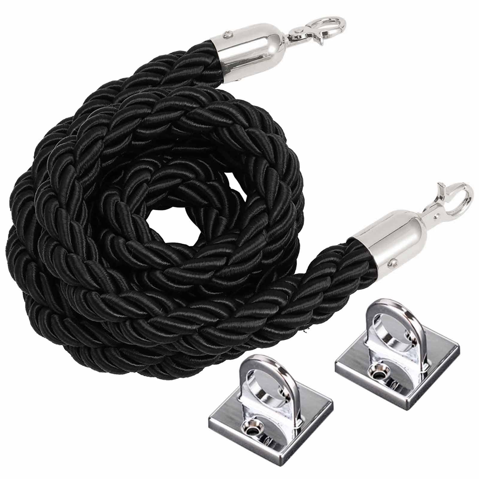 Bariery ze skrętnej liny słupkowej Czarna pleciona lina konopna z polerowanymi metalowymi haczykami do kontroli tłumu, przegroda kolejki,(Silver Hook,8ft/245cm)