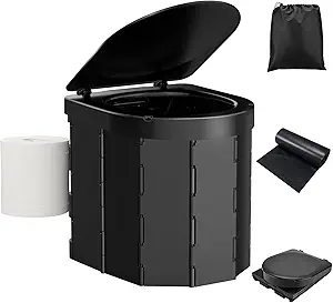 Portable Camping Toilet, Folding Toilet for Adults with Lid and Retractable Toilet Paper Holder, Waterproof Porta Potty with Carry Bag and Disposible Liners for Camping, Hiking, RV Travel, Road Trips