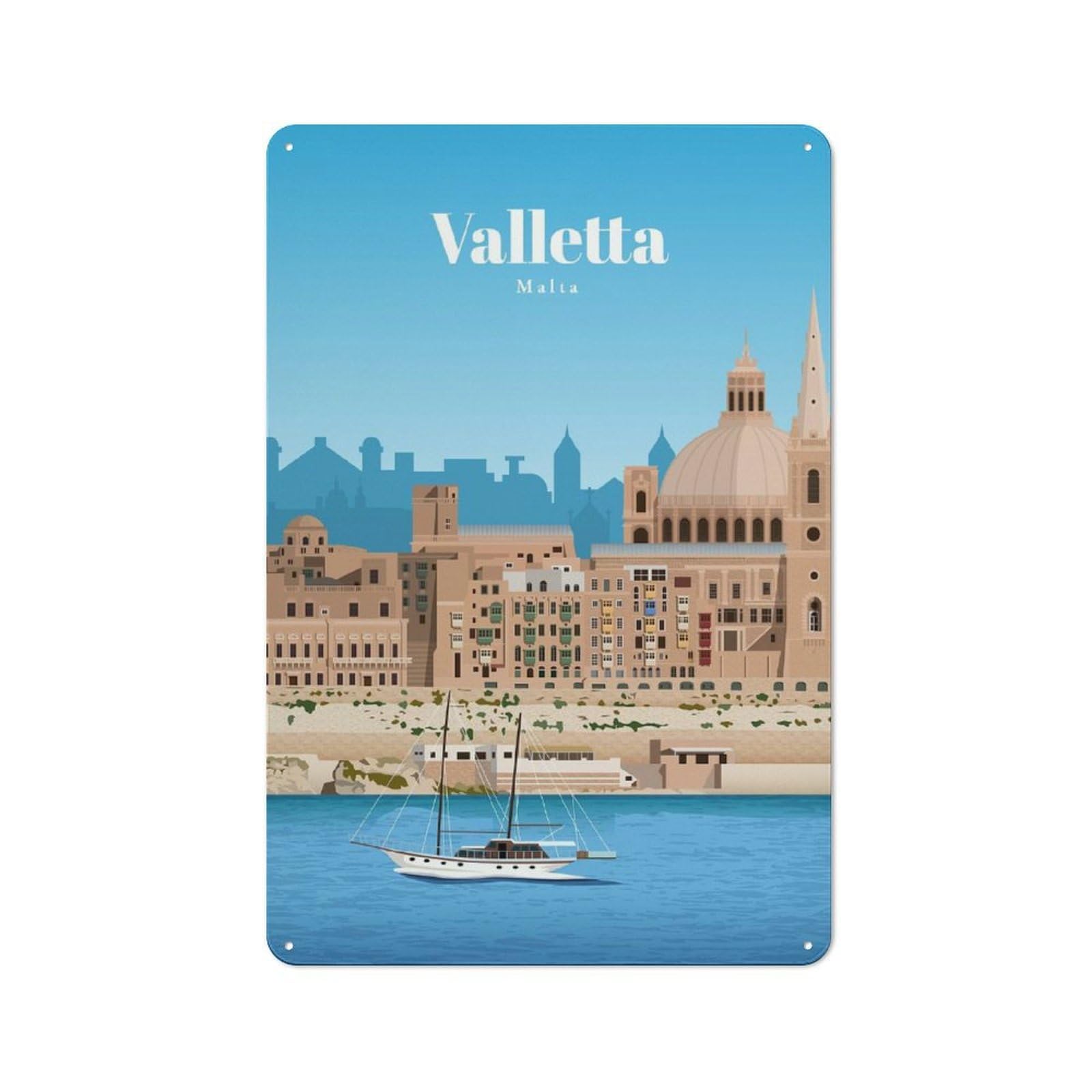Junmoney Travel To Valletta Country Vintage Metal Wall Decor 30X20cm, Decorative Tin Sign For Cottage, Kitchen, Hallway Or Breakfast Nook
