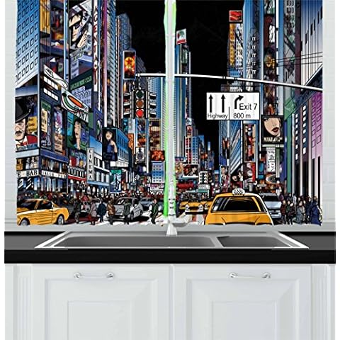 Ambesonne New York Night Scene Kitchen Curtains Cover