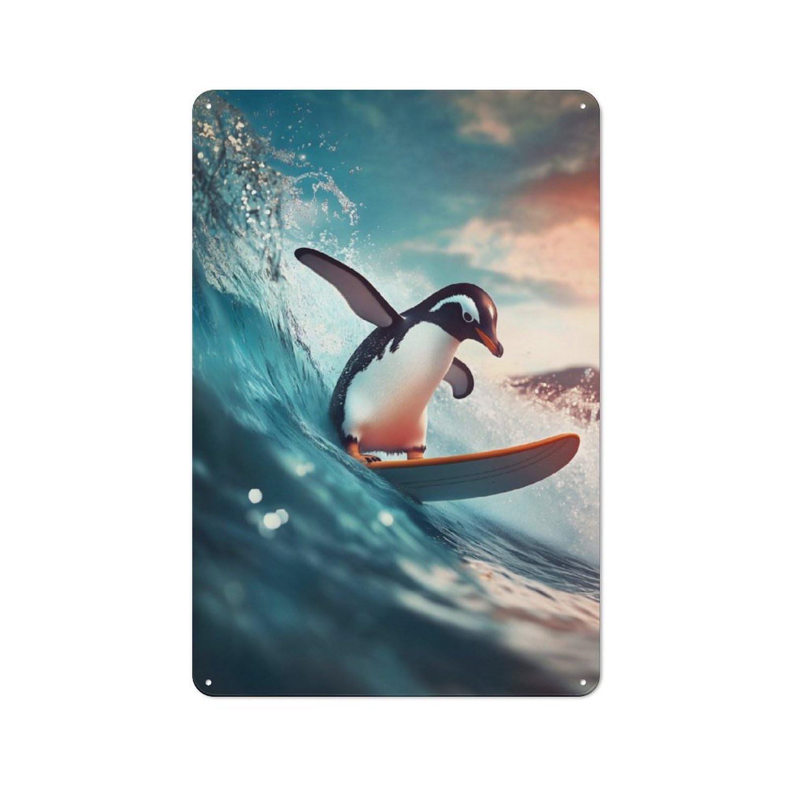 Junmoney Penguin On A Surf Metal Wall Sign 30X20cm, Rustic Decor For Hallway Wall, For Metal Sign Collectors, For Garage And Workshop Walls