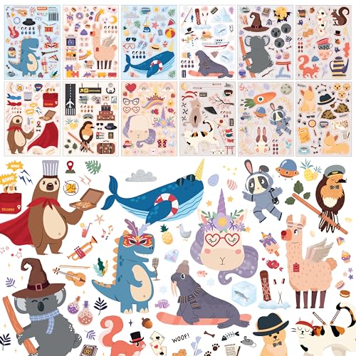 WALPLUS Make-a-Face Dressed-up Animals Sticker Craft 48 Sheets 15x20cm Party Favor DIY Kids Activity Removable Mix and Match Animal Faces