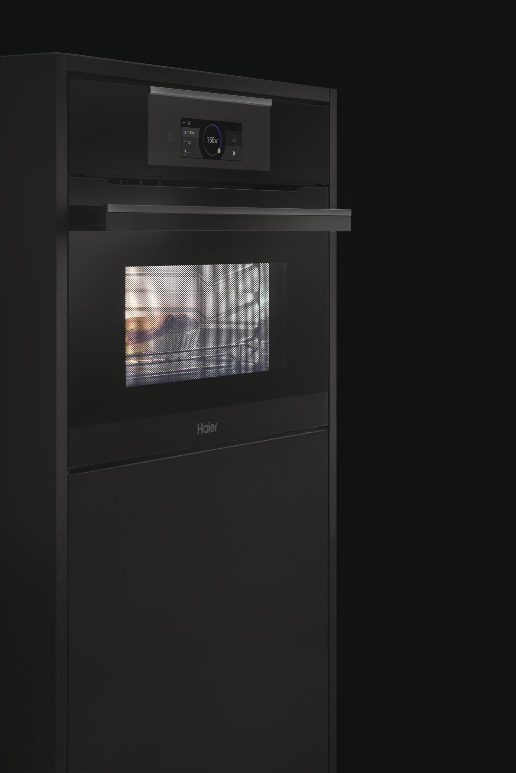 Haier I-TOUCH SERIE 6 HWO45NB6T0B2/DE/Einbaumikrowelle mit Heißluft und Grill/Nische 45 cm/Touch-Bedienung mit TFT / 12 Programme/Mikrowelle 900 Watt/Grill 1.530 Watt/Volumen 34 l