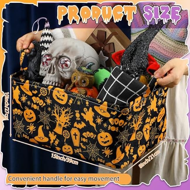 Breling 4 Pcs Halloween Baskets Boo Basket Gift Pumpkin Ghost Baskets with Handles Large Collapsible Storage Bins Boxes for Trick or Treat Gift Books Laundry Shelves Home Storage, 15 x 10 x 8 Inch