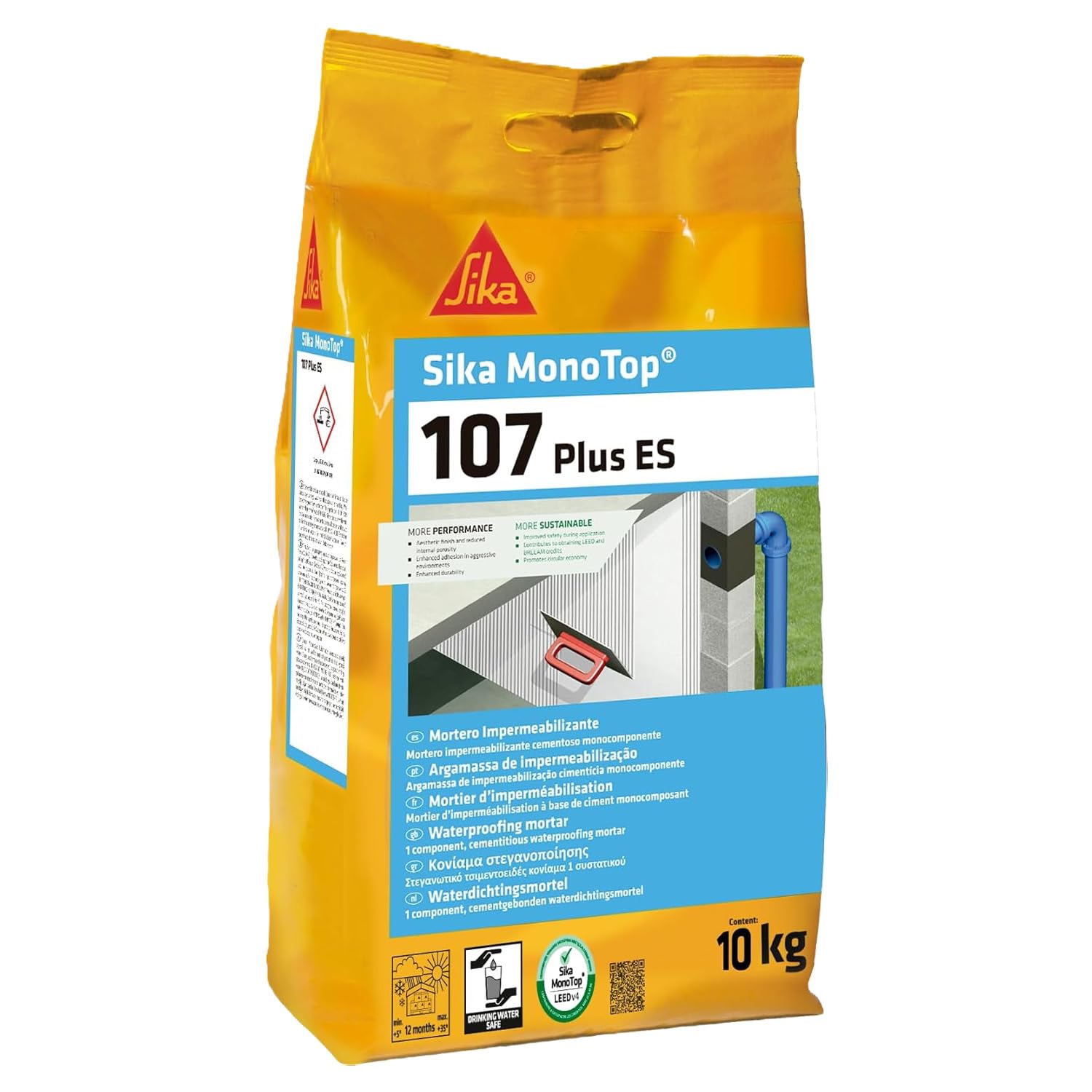 SIKA - Mortero impermeabilizante - Sika MonoTop-107 Plus ES - Gris - Uso en interior y exterior - Hormigón, mortero, piedra y fibrocemento - 10 kg