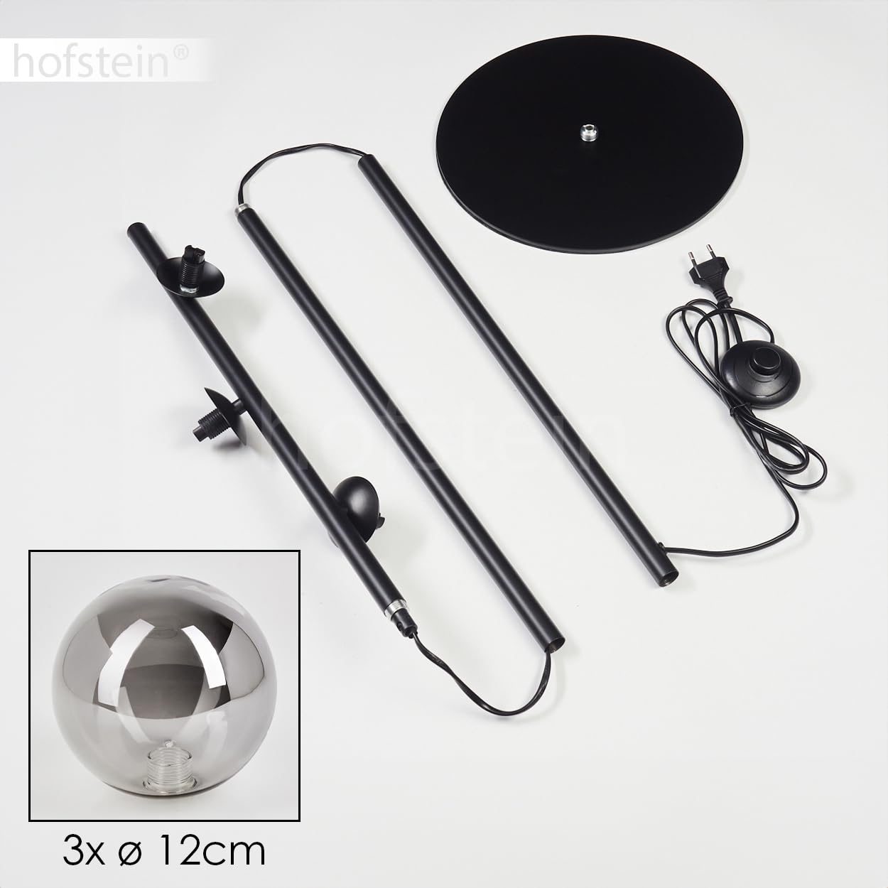 Stehleuchte Remaisnil, moderne Stehlampe aus Metall/Glas in Schwarz/Rauchglas, Standleuchte mit Schirmen aus Glas (Ø 12 cm), mit Fußschalter am Kabel, 3 x G9, ohne Leuchtmittel