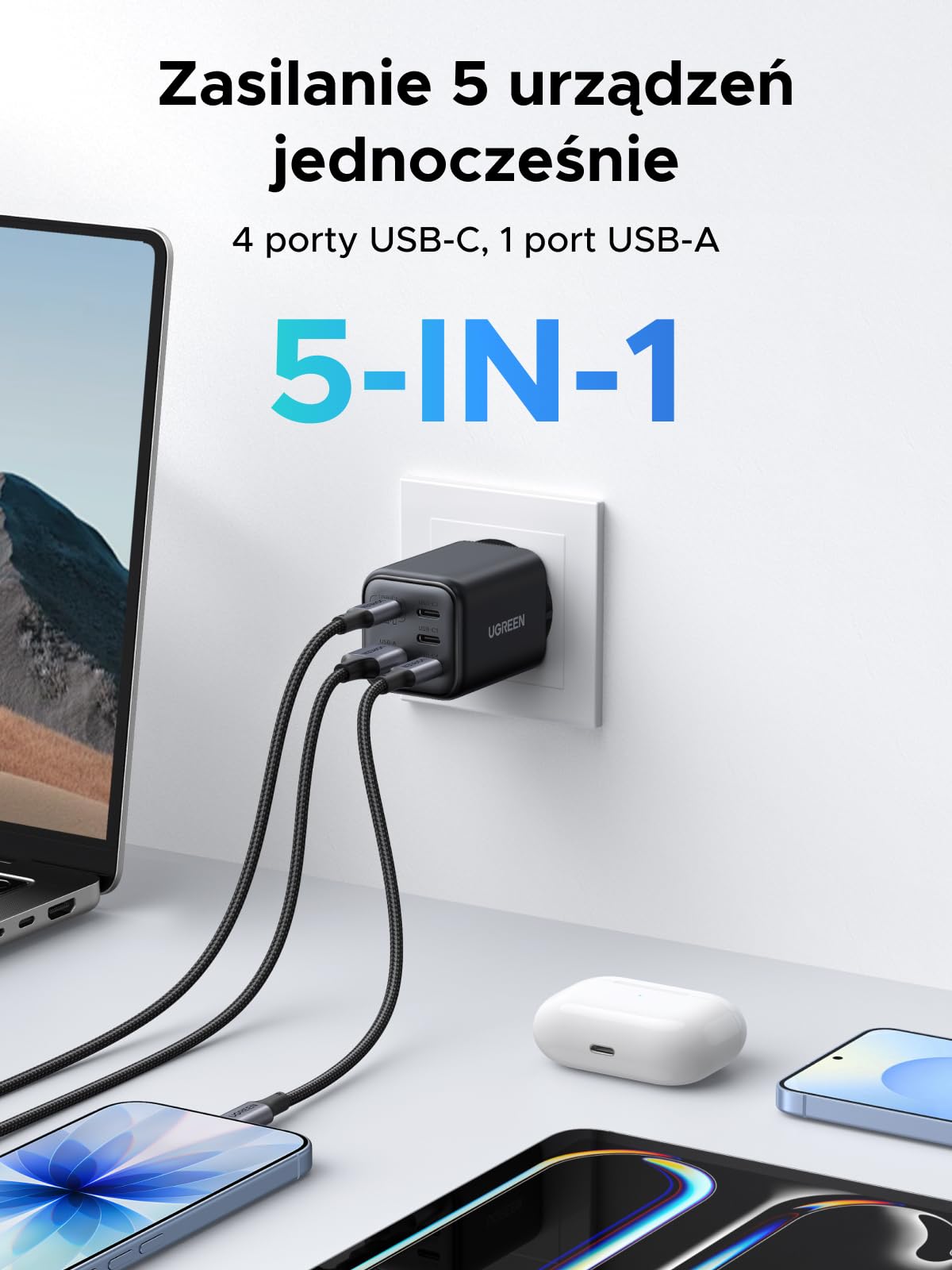 UGREEN Ładowarka USB C 45 W 5-portowa szybka ładowarka GaN Zasilacz PPS Adapter ładowarki PD Kompatybilna z Galaxy S25 Ultra, S24, iPhone 17 Pro Max, MacBook Air, iPad, Tab A8, Pixel 9