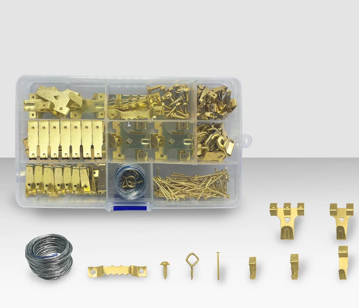 216pcs Picture Hanging Kit, Picture Fame Hooks, Heavy Duty Set including Wire, Photo / Frames Hanger with Nails Brass Finish Wall Hooks - Image 3
