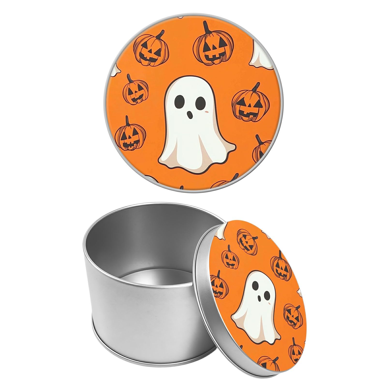 Round Metal Tin Container with Removable Lid, Ghost Pumpkins Durable Metal Storage Box for Cookies Spices Tea Candies Cakes Jewelry Cosmetics 3.54 x 2.36 inch– Single Pack