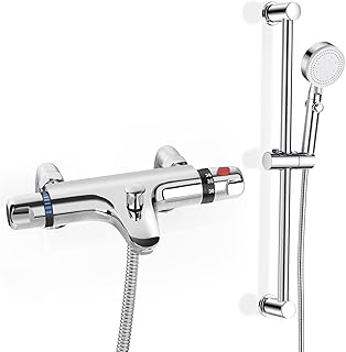 Thermostatic Bath Shower Mixer with Shower Riser Kit, Modern Chrome Bath Taps with Shower Set Include Deck Mounted Thermostatic Bath Shower Valve, Shower Rail, Shower Head, Shower Hose, Anti Scald