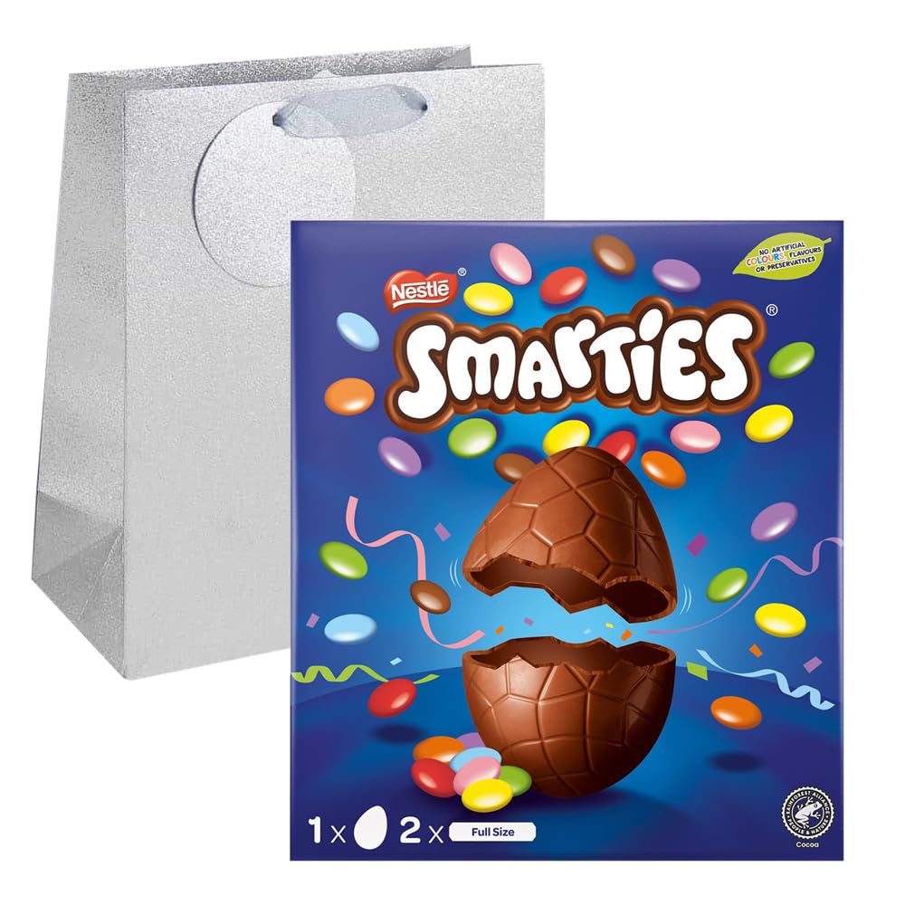 Nestle 1 x 188g Large Easter Egg Hunt Treat With Welari Thank You Card Full Size Smarties Tube Milk Chocolate Drops Snack with Gift Bag (188g) (1pack)