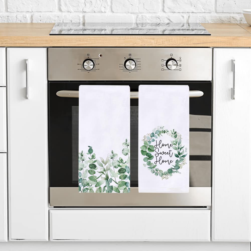 Juego de 2 paños de cocina de acuarela con hojas de eucalipto Home Sweet Home de 18 x 28 pulgadas, paños de cocina de verano para cocinar y hornear