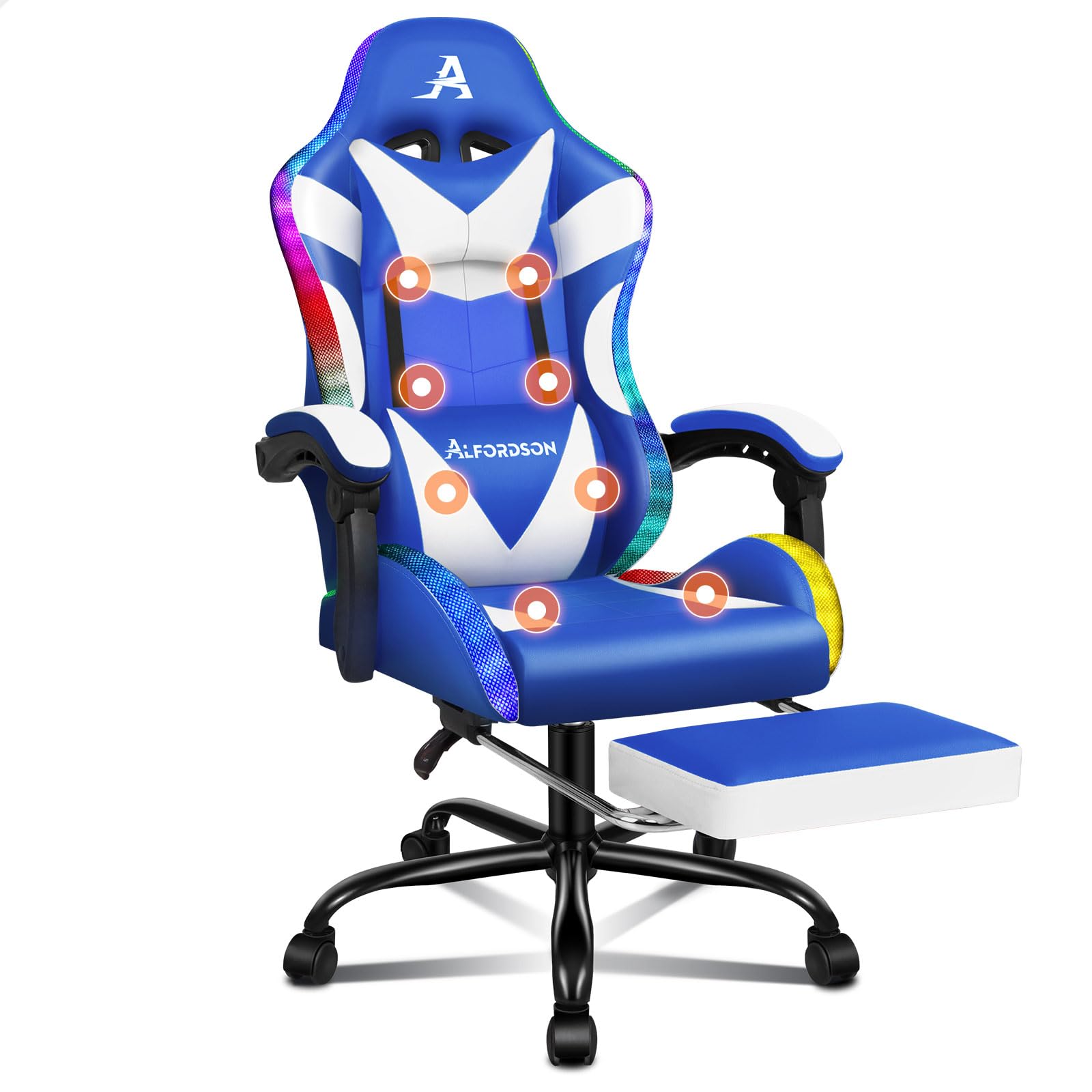 Silla de oficina para gaming, silla ergonómica para gamer, con reposapiés, reposacabezas, cojín lumbar de masaje, silla giratoria, capacidad de carga de 180 kg, color azul y blanco