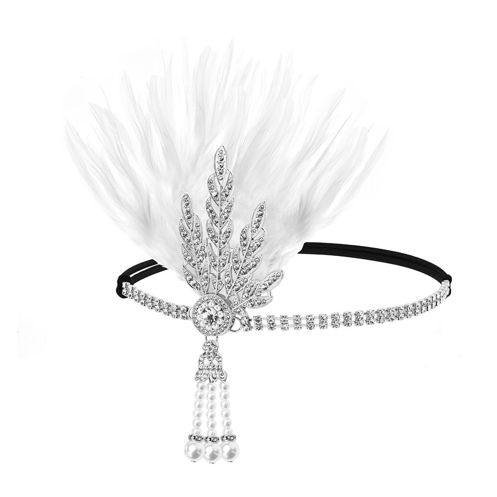 YUXITA 1920s Elegant Rhinestones Feathered Hairband For Wedding Party and Formal Event Comfortable Elastic Band Headwear