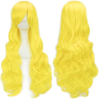 IMISSU Peluca de cosplay de pelo natural rizado largo de 80 cm con flequillo Pelucas de fiesta de disfraces de Halloween coloridas para mujeres (Amarillo Fluorescente)