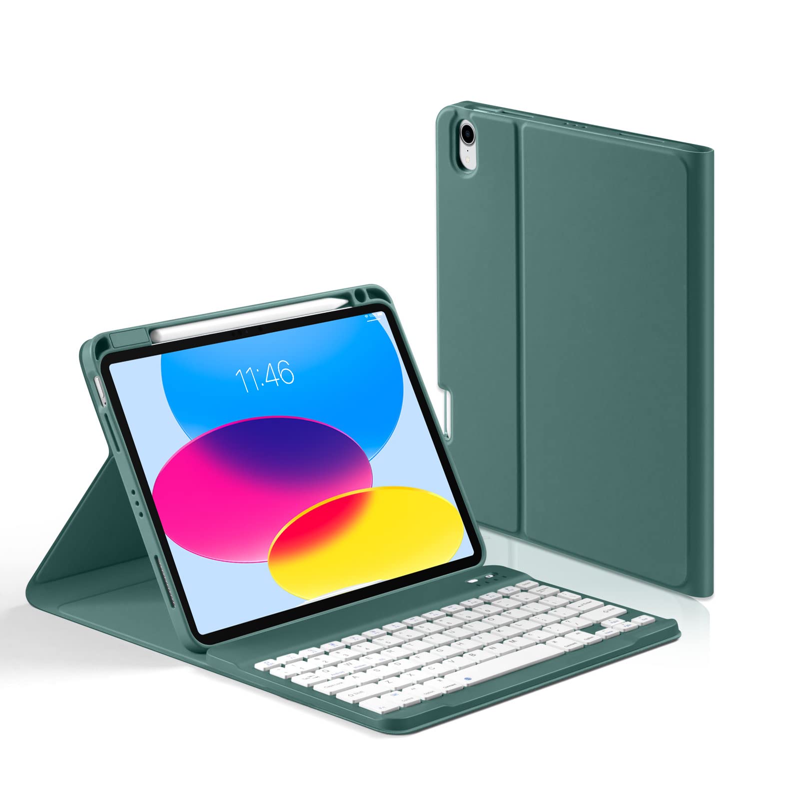 Laetass Keyboard case for iPad 10th Generation 10.9 inch 2022 with Upper Pen Slot,Leather Stand Cover with Built-in Pencil Holder, Magnetic Detachable Wireless Bluetooth Keyboard. (Green)