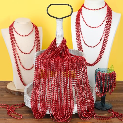 Image of EOBOH 72PCS Bead Necklace, Red Christmas Bead Stuff Party Favors, 33 inch Necklaces Festival Parade Throw Accessories for Wedding Birthday Valentines Mardi Gras Christmas Celebrations Decorations