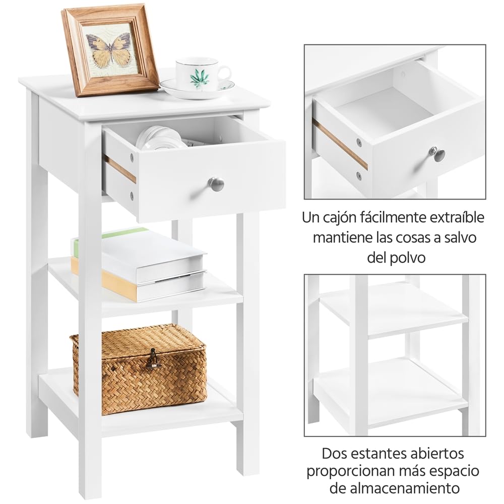 Yaheetech Mesita de Noche Alta Blanca Mesilla de Noche de Madera MDF con 1 Cajón y 2 Estantes Mesa Auxiliar para Sofá Dormitorio 35×35×70cm