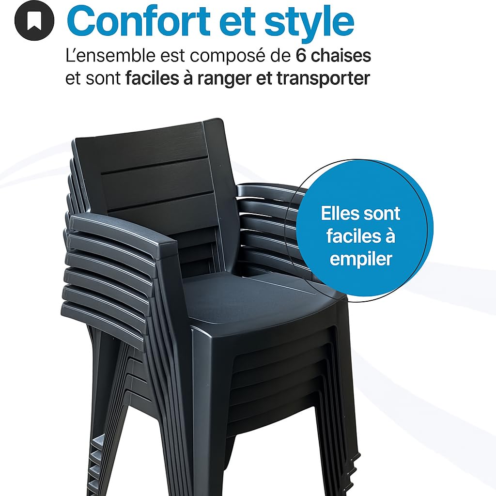 Tomaino - Lot de 6 chaises de jardin en plastique maya - empilables avec accoudoirs et dossier à lattes - Chaise de jardin pour extérieur, terrasse ou bar - Noir